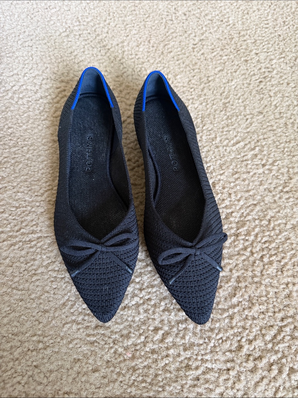 Rothy's Black Pointed Knit Flats with Blue Accent